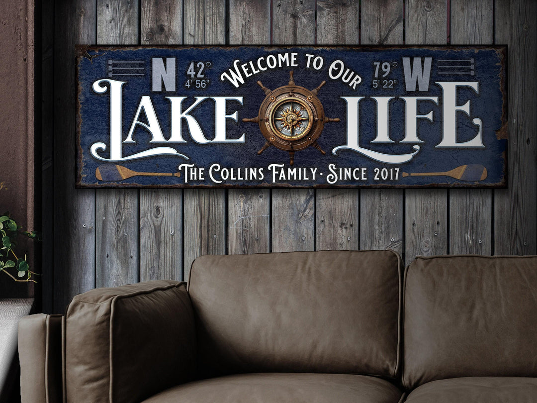 Custom Lake House Sign | GPS Coordinates | Lake House Wall Decor | Personalized Latitude Longitude Lake sign | Steampunk Compass Lake Sign