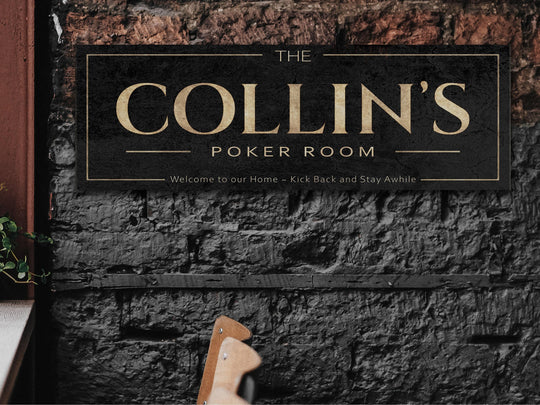Poker Bar Room Sign with Personalized Family Name | Custom Wall Decor on Metal or Canvas Sign | Customized & Personalized Wall Art