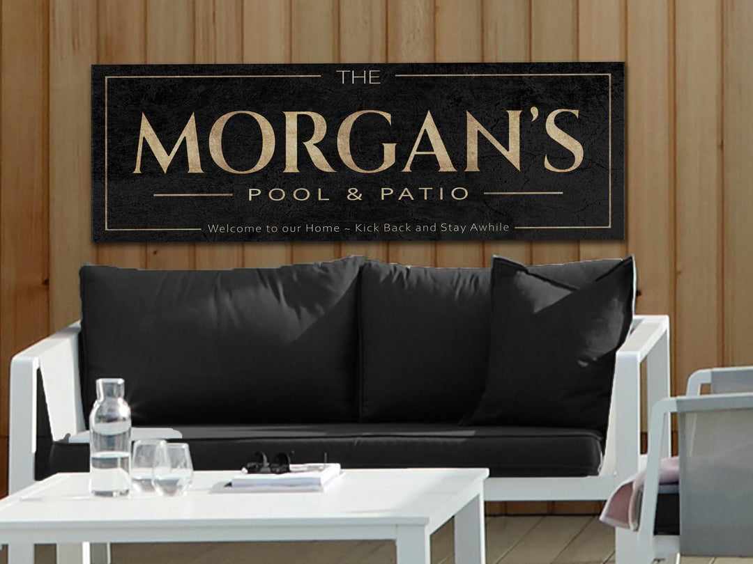 Family Pool and Patio Sign with Personalized Family Name | Custom Wall Decor on Metal or Canvas Sign | Customized & Personalized Wall Art