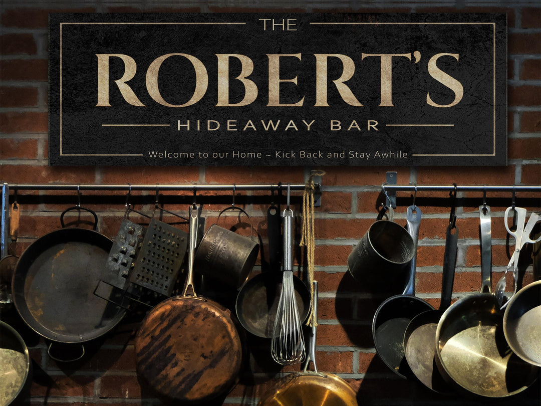 Custom Hideaway Bar Sign with Personalized Family Name | Custom Wall Decor on Metal or Canvas Sign | Customized & Personalized Wall Art