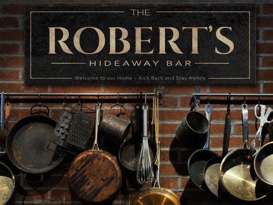 Custom Hideaway Bar Sign with Personalized Family Name | Custom Wall Decor on Metal or Canvas Sign | Customized & Personalized Wall Art