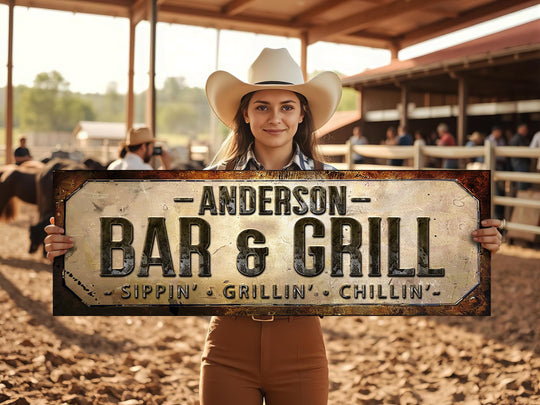 Weathered Faux Brass Bar and Grill Sign with Family Name | Personalized Bar & Grill Sign | Customized Family Bar and Grill Sign | Bar Grill