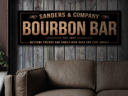 Vintage Bourbon Bar Sign with Personalized Family Name | Custom Wall Decor on Metal or Canvas Sign | Customized & Personalized Wall Art