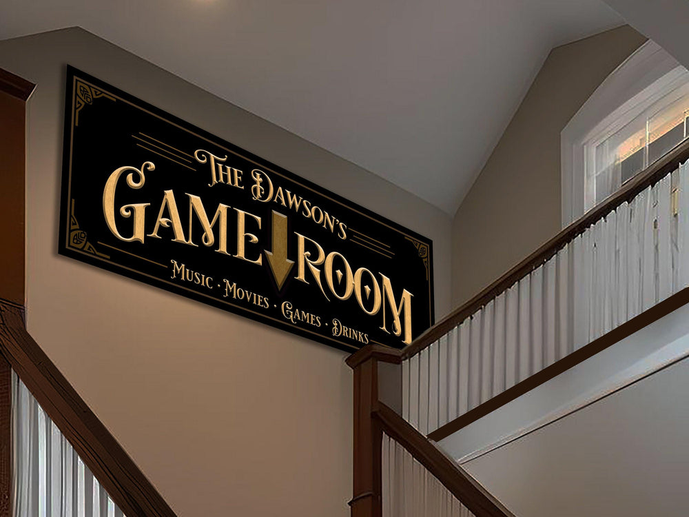 Custom Game Room Sign with Personalized Family Name | Custom Wall Decor on Metal or Canvas Sign | Customized & Personalized Wall Art