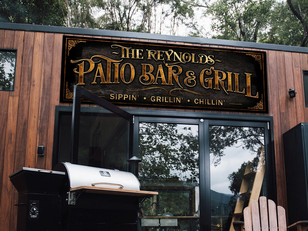 Personalized Patio Bar and Grill Sign with Family Name | Custom Bar and Grill Sippin', Grillin', Chillin' Sign | Customized Patio Sign