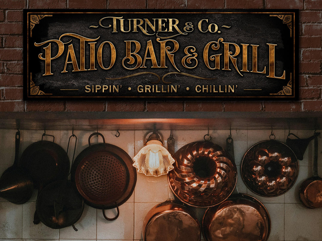 Personalized Patio Bar and Grill Sign with Family Name | Custom Bar and Grill Sippin', Grillin', Chillin' Sign | Customized Patio Sign