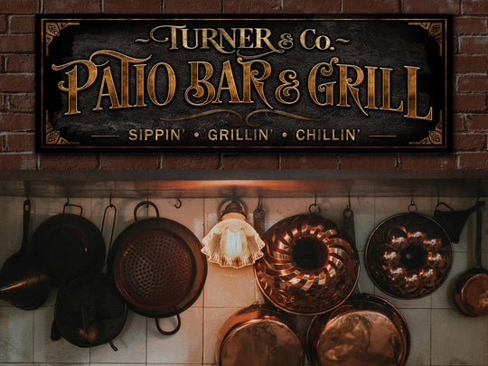 Personalized Patio Bar and Grill Sign with Family Name | Custom Bar and Grill Sippin', Grillin', Chillin' Sign | Customized Patio Sign