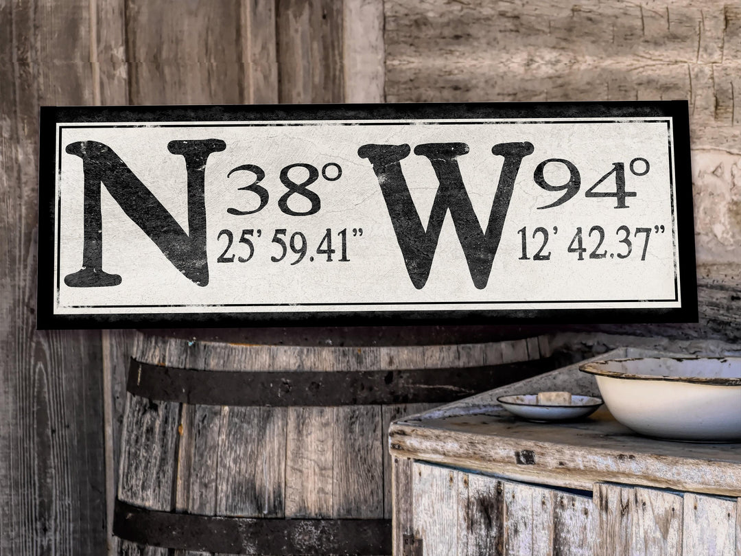 GPS Coordinates Sign, Minimalistic GPS Sign, Primitive GPS Sign, Personalized Latitude Longitude Sign, Rustic Farmhouse Coordinates Sign