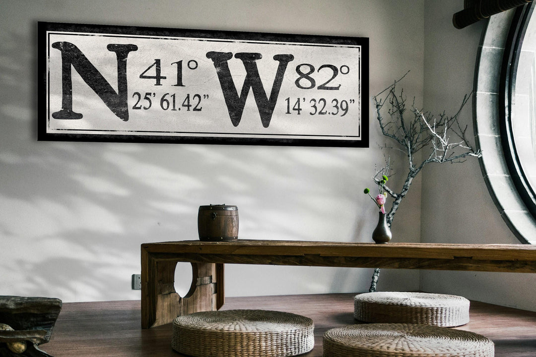 Personalized GPS Sign with your coordinates.  This sign has a minimalistic, primitive look and feel.