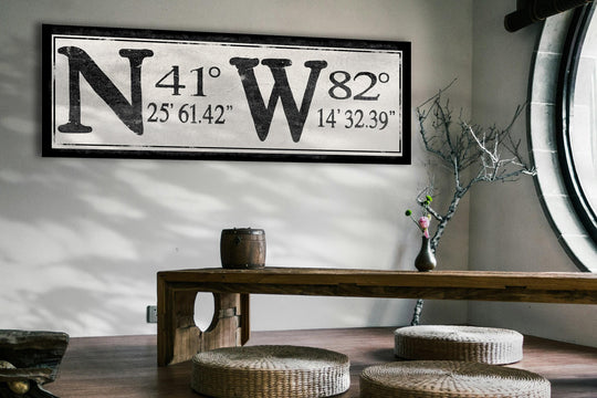Personalized GPS Sign with your coordinates.  This sign has a minimalistic, primitive look and feel.