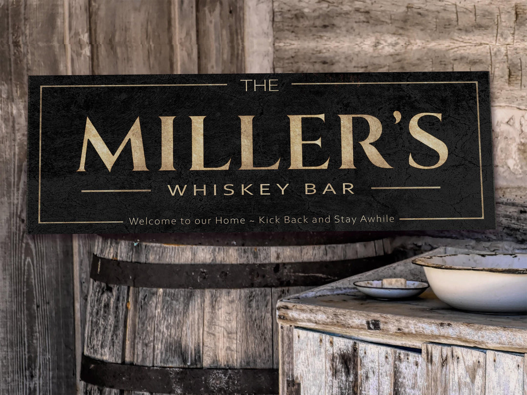 Whiskey Bar Sign with Personalized Family Name | Whiskey Bar Custom Wall Decor on Metal or Canvas Sign | Customized & Personalized Wall Art