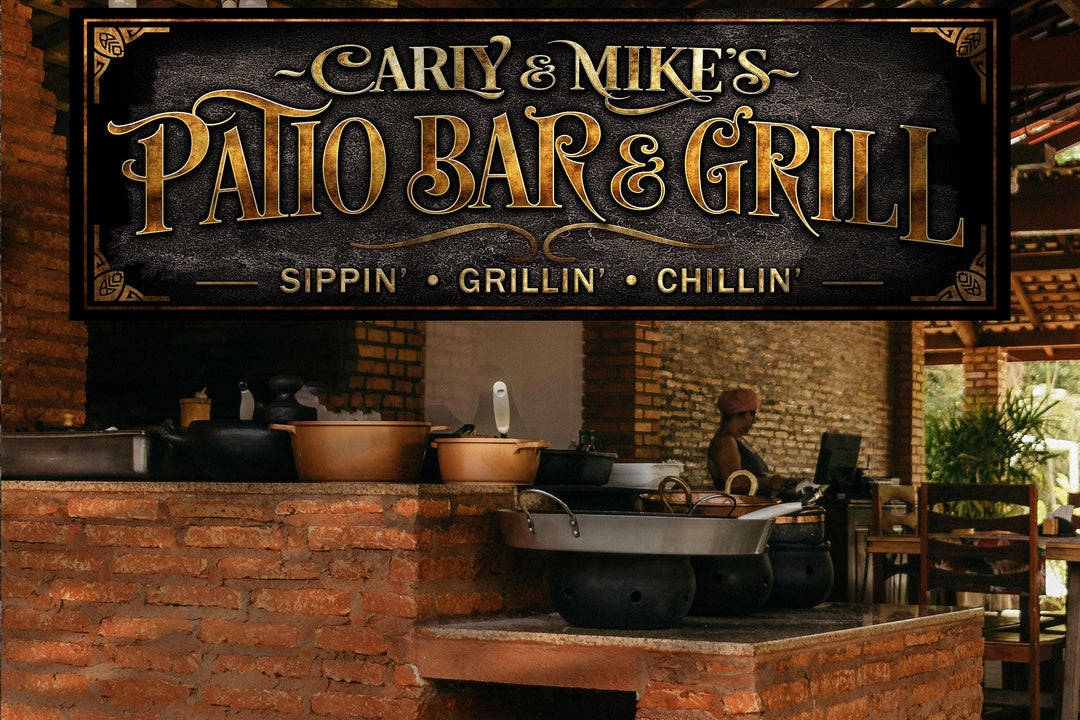 Personalized Patio Bar and Grill Sign with Family Name | Custom Bar and Grill Sippin', Grillin', Chillin' Sign | Customized Patio Sign