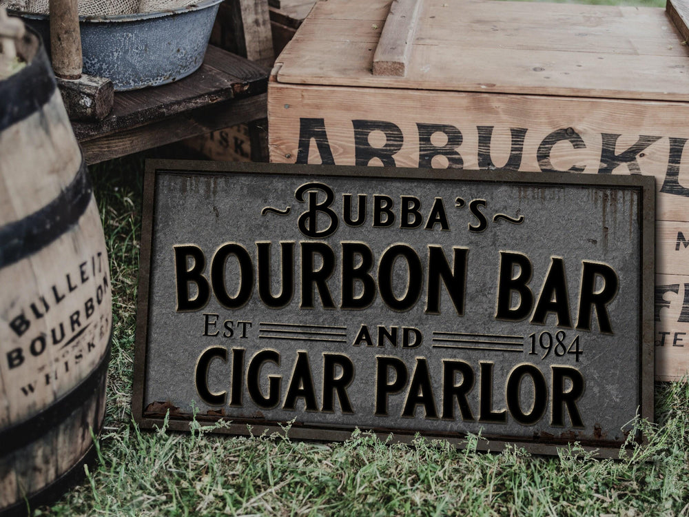 Pewter-Styled Farmhouse Bourbon Bar Sign | Personalized Bourbon Sign | Bourbon Cigar Lounge Sign | Family Name Bar Sign | Family Bar Sign