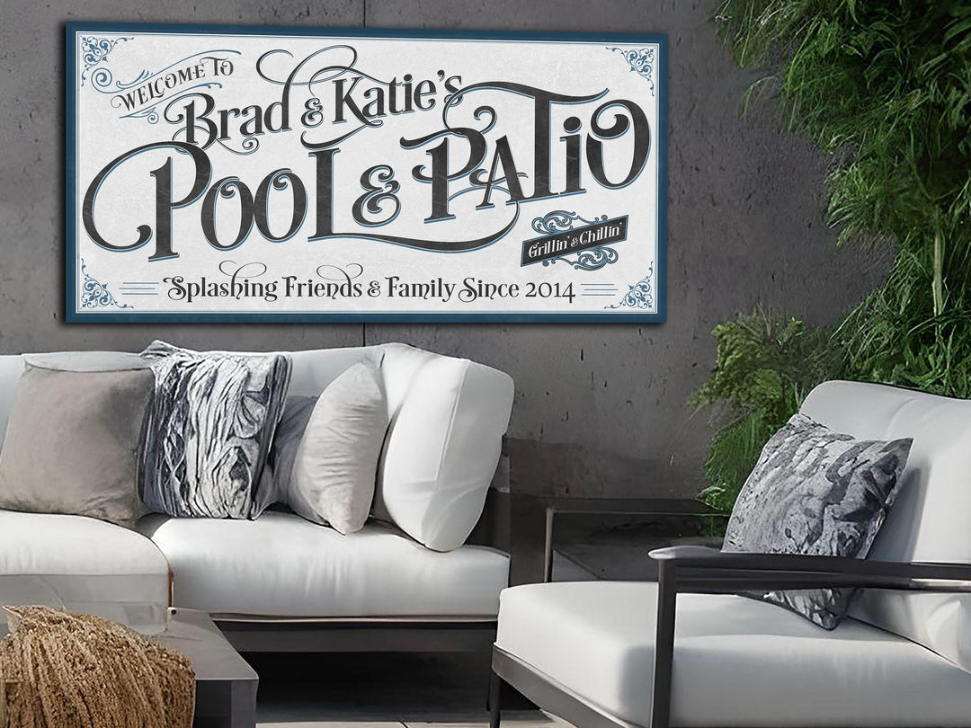 Personalized Pool & Patio with Blue Highlights | Custom Family Name Sign | Modern Farmhouse Sign | Teal Blue Patio Decor | Custom Pool Sign