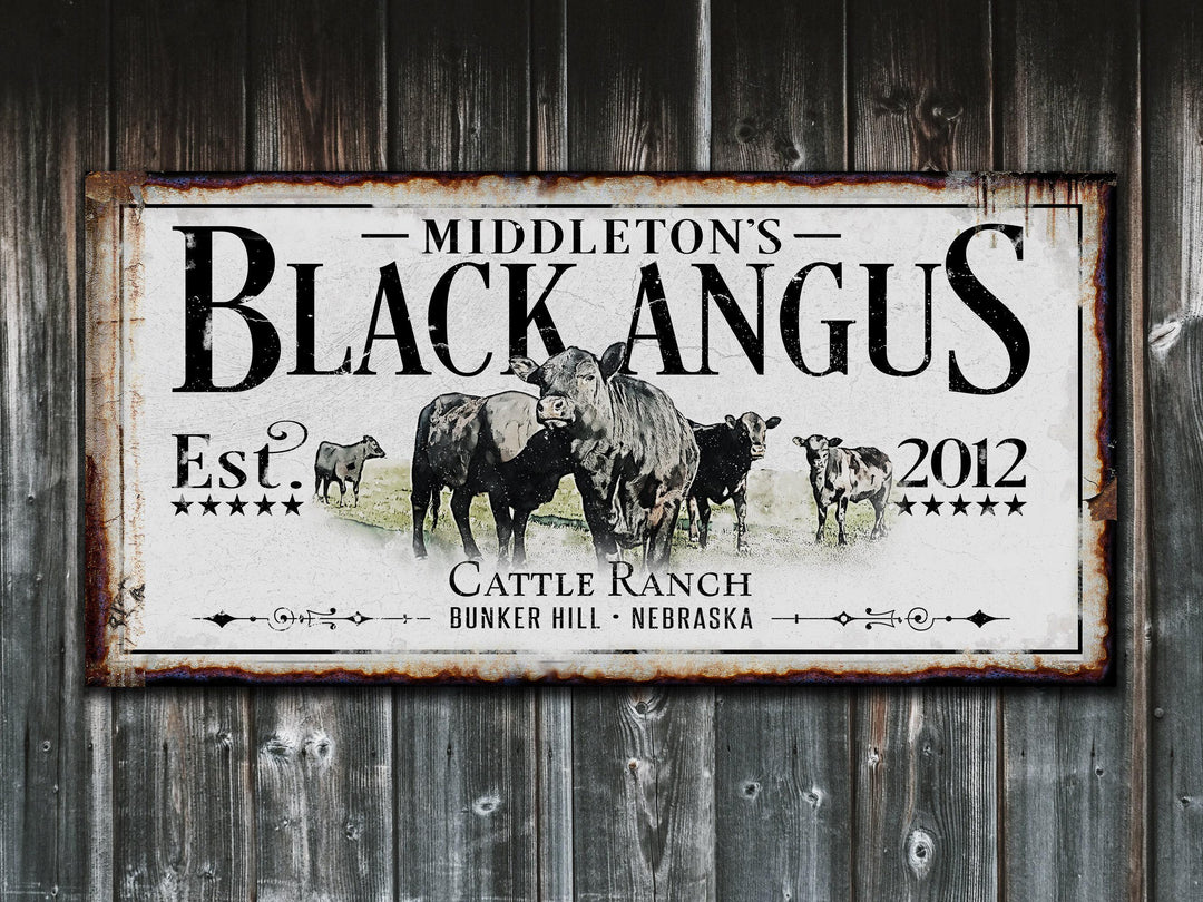 Black Angus Cattle Ranch Sign | Last Name Farmhouse Sign | Farmhouse Sign | Ranch House Plans | Farm Wall Decor | Distressed Sign