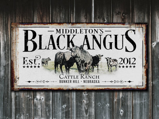 Black Angus Cattle Ranch Sign | Last Name Farmhouse Sign | Farmhouse Sign | Ranch House Plans | Farm Wall Decor | Distressed Sign