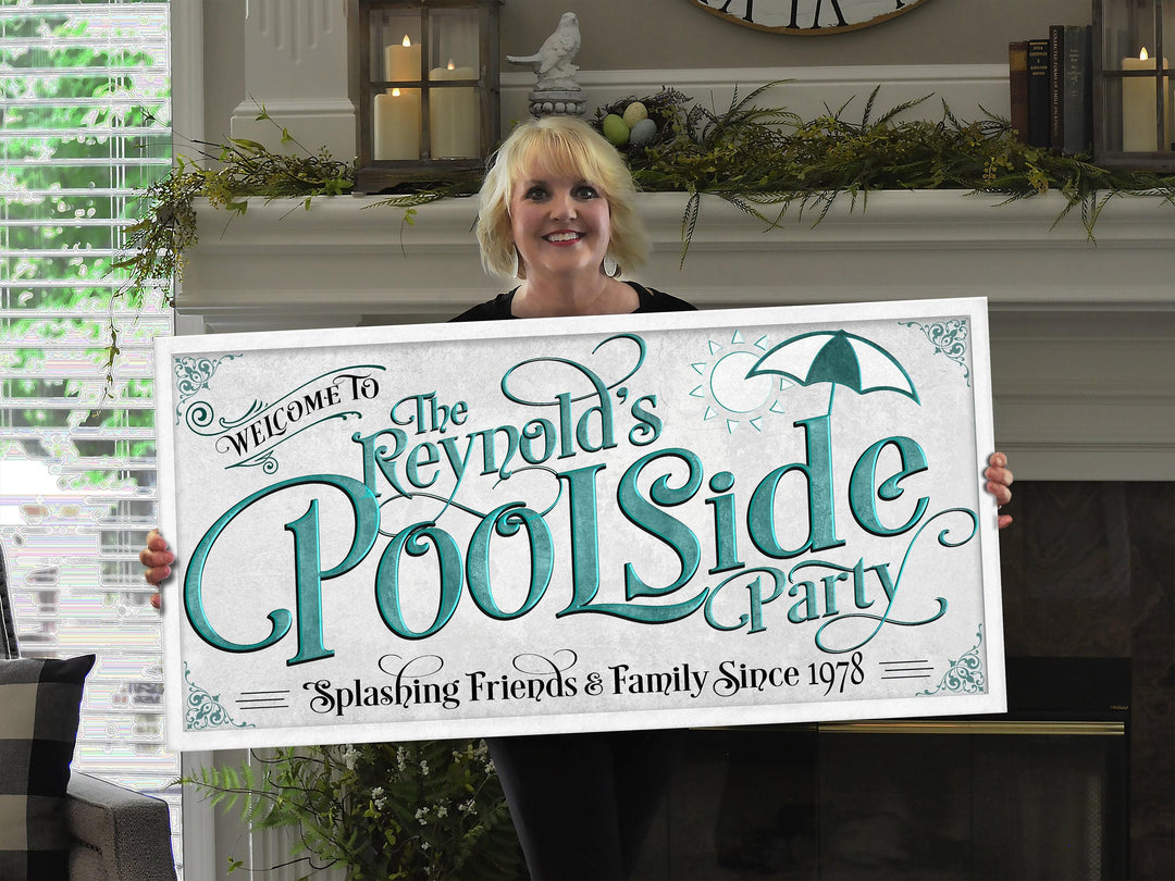 Personalized Poolside Party on Metal or Canvas! | Custom Family Name Sign | Modern Farmhouse Sign | Teal Blue Pool Decor | Pool Party Sign
