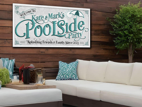 Personalized Poolside Party on Metal or Canvas! | Custom Family Name Sign | Modern Farmhouse Sign | Teal Blue Pool Decor | Pool Party Sign