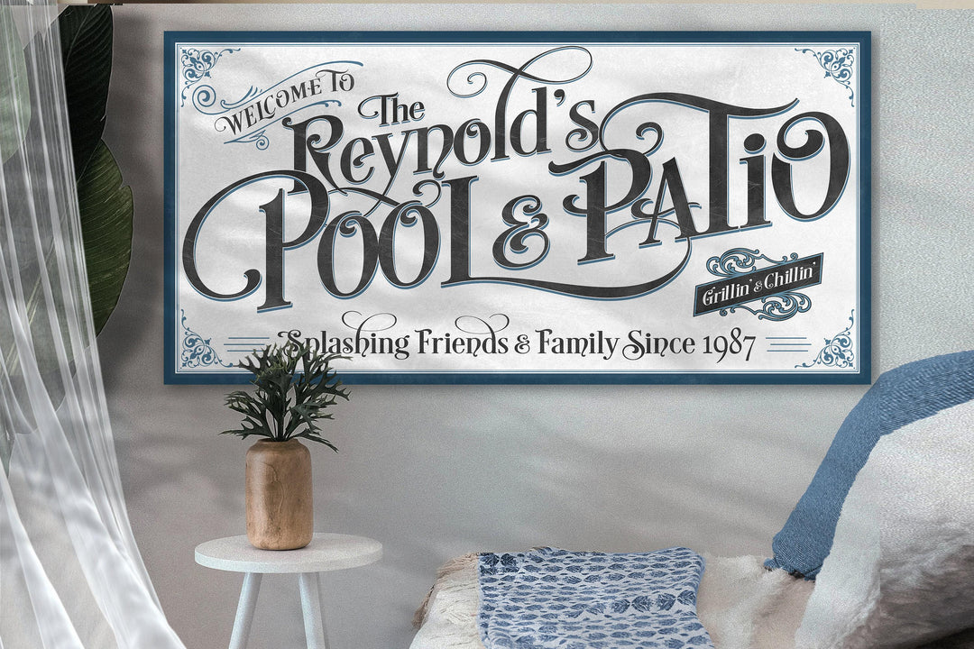 Personalized Pool & Patio with Blue Highlights | Custom Family Name Sign | Modern Farmhouse Sign | Teal Blue Patio Decor | Custom Pool Sign