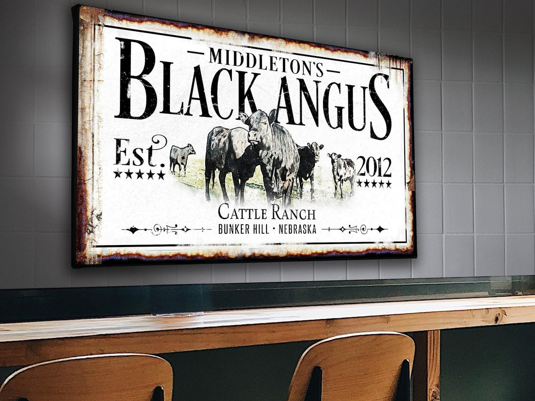 Black Angus Cattle Ranch Sign | Last Name Farmhouse Sign | Farmhouse Sign | Ranch House Plans | Farm Wall Decor | Distressed Sign