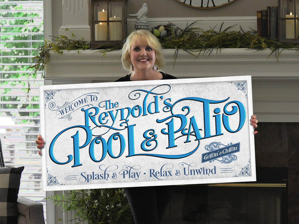 Personalized Pool & Patio | Metal or Canvas! | Custom Family Name Sign | Modern Farmhouse Sign | Pacific Blue Patio Decor | Custom Pool Sign