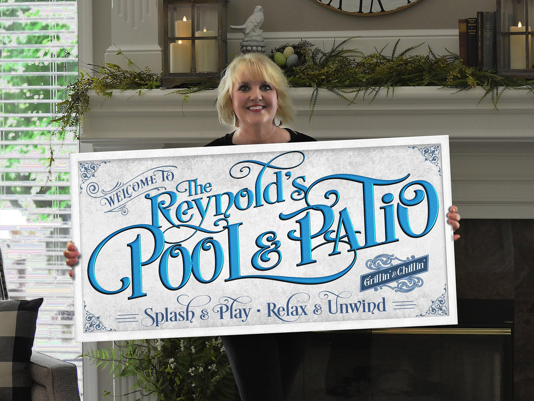 Personalized Pool & Patio | Metal or Canvas! | Custom Family Name Sign | Modern Farmhouse Sign | Pacific Blue Patio Decor | Custom Pool Sign