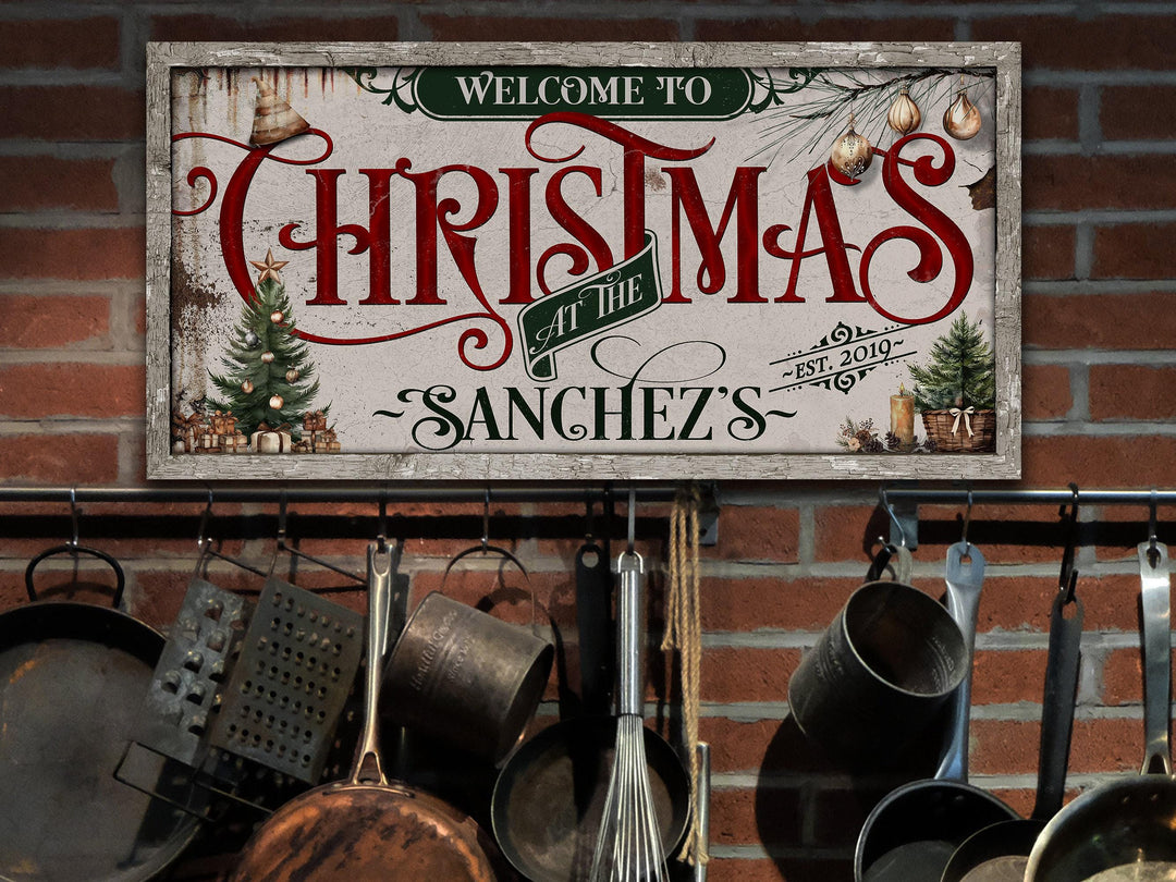 Family Christmas Sign | Personalized Welcome Christmas Decor Sign | Rustic Christmas Sign | Farmhouse Christmas | Large Canvas | Large Metal