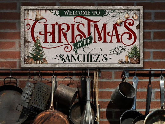 Family Christmas Sign | Personalized Welcome Christmas Decor Sign | Rustic Christmas Sign | Farmhouse Christmas | Large Canvas | Large Metal