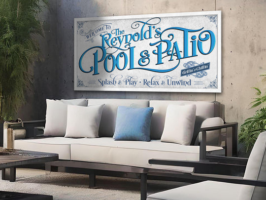 Personalized Pool & Patio | Metal or Canvas! | Custom Family Name Sign | Modern Farmhouse Sign | Pacific Blue Patio Decor | Custom Pool Sign