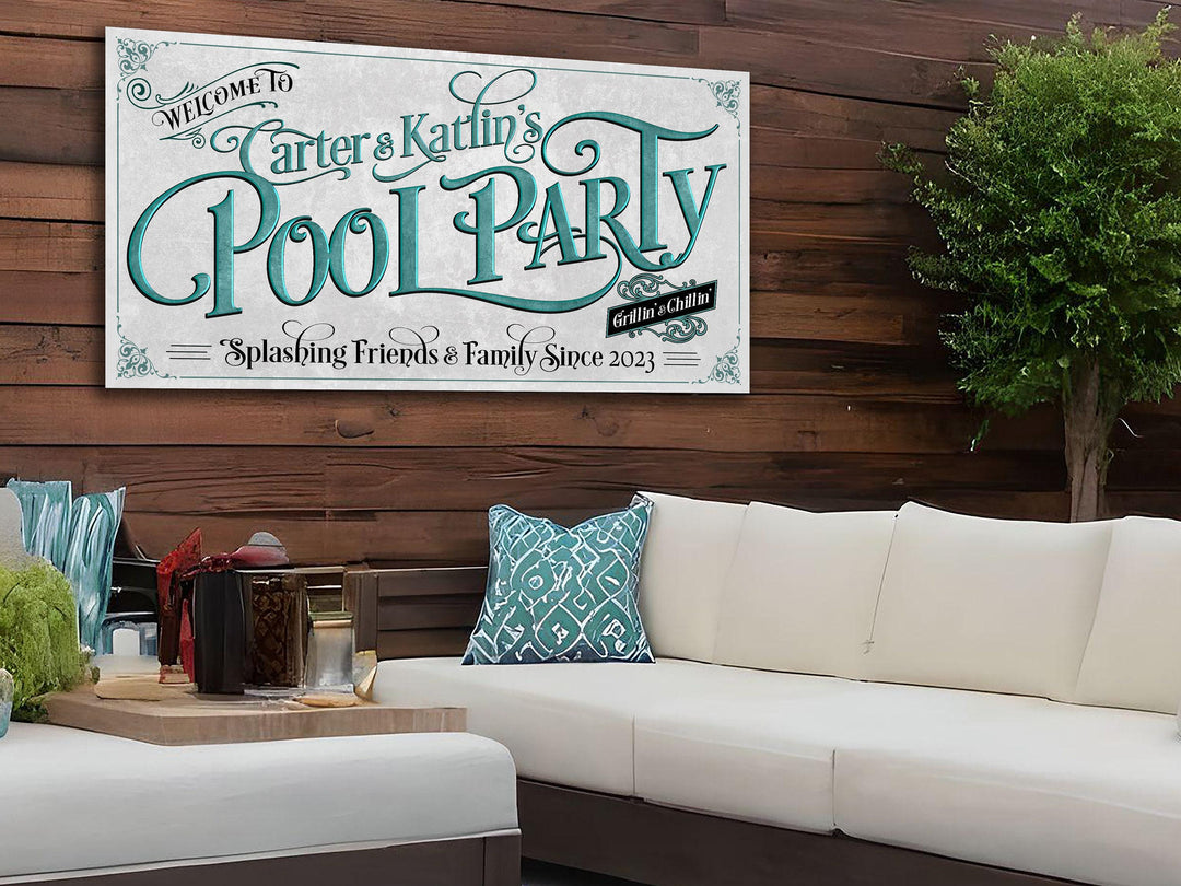 Personalized Pool Party Patio Decor | Custom Family Name Pool Sign | Modern Farmhouse Pool Sign | Teal Blue Pool Decor | Pool Party Sign