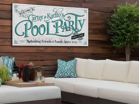 Personalized Pool Party Patio Decor | Custom Family Name Pool Sign | Modern Farmhouse Pool Sign | Teal Blue Pool Decor | Pool Party Sign