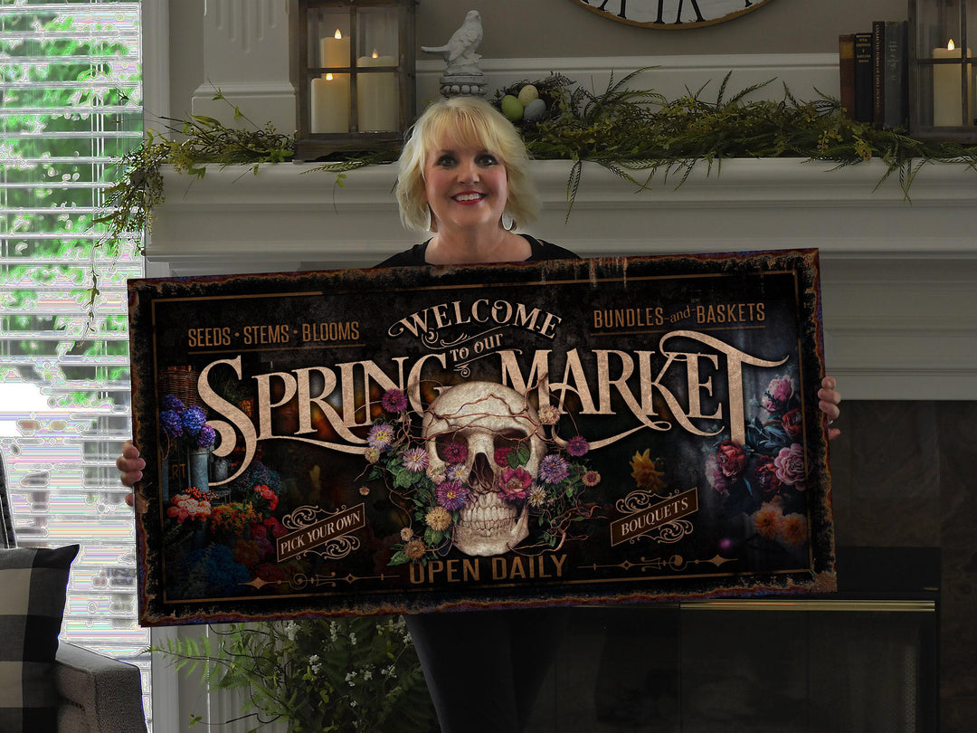 Sugar Skull Spring Market Sign | Sugar Skull Decor | Skull Decor | Spring Flower Decor | Spring Wall Decor | Rustic Spring Decor