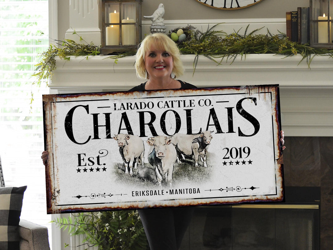 Charolais Cattle Ranch Sign | Last Name Farmhouse Sign | Farmhouse Sign | Ranch House Plans | Farm Wall Decor | Distressed Sign