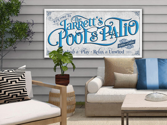 Personalized Pool & Patio | Metal or Canvas! | Custom Family Name Sign | Modern Farmhouse Sign | Pacific Blue Patio Decor | Custom Pool Sign