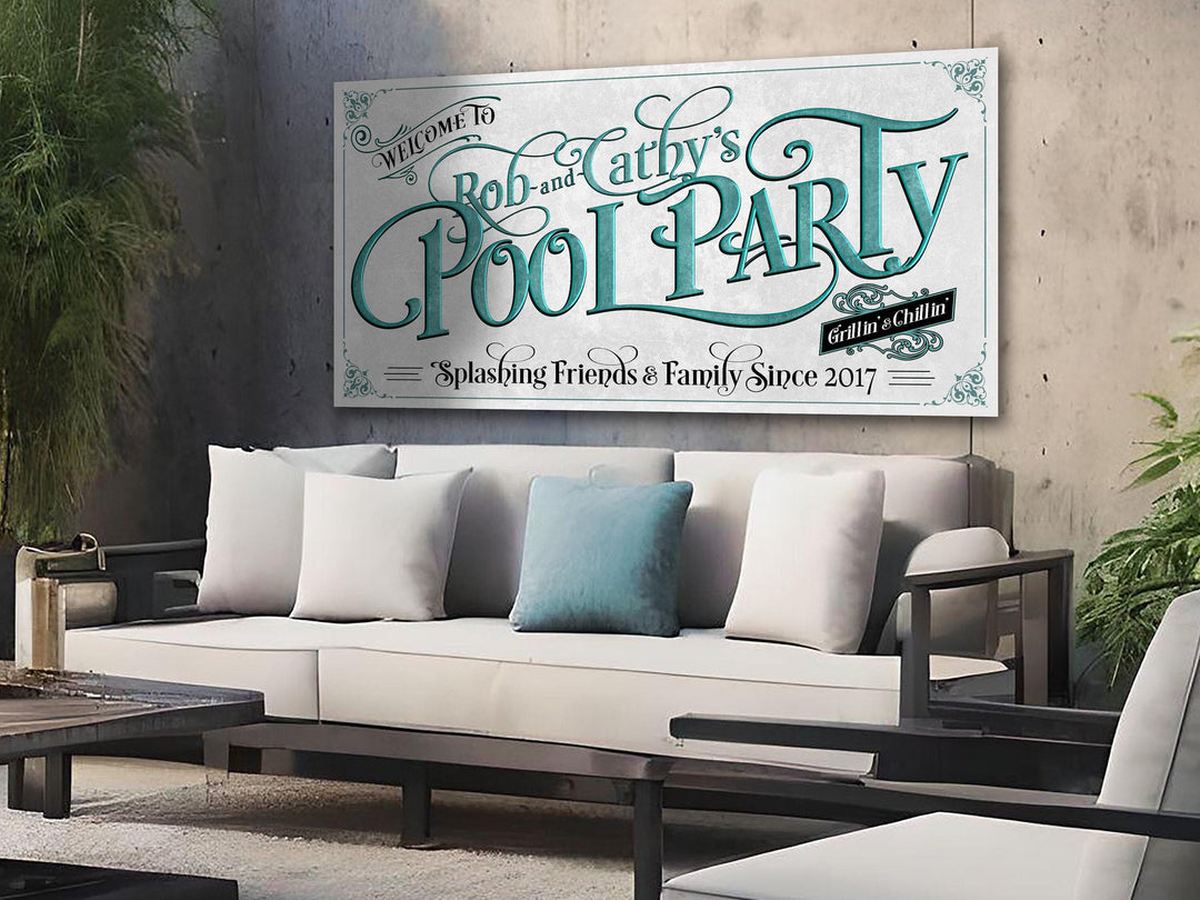 Personalized Pool Party Patio Decor | Custom Family Name Pool Sign | Modern Farmhouse Pool Sign | Teal Blue Pool Decor | Pool Party Sign