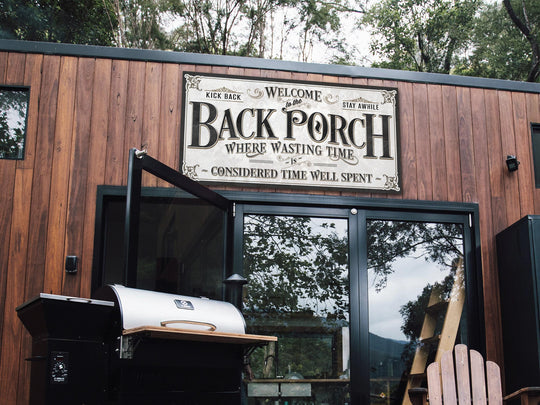Back Porch Sign on Metal or Canvas | Black Letters on White Background Porch Sign | Where Wasting Time is Considered Time Well Spent