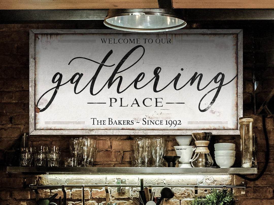 The Gathering Place Sign | Last Name Est Date | Modern Farmhouse Personalized Name Sign on Large Metal or Canvas | Vintage Home Wall Decor