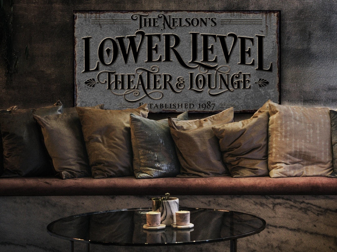 Lower Level Theater & Lounge Sign | Personalized Bar Sign | Lower Level Sign | Customized Family Theater and Lounge for Basement