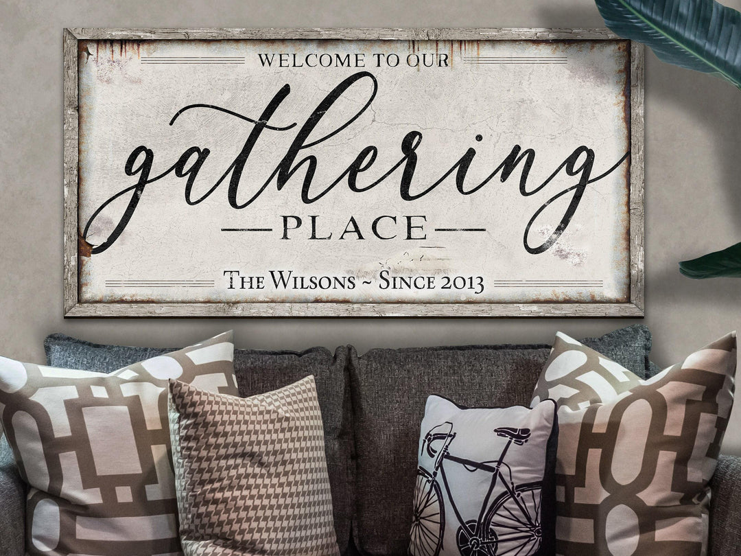 The Gathering Place Sign | Last Name Est Date | Modern Farmhouse Personalized Name Sign on Large Metal or Canvas | Vintage Home Wall Decor