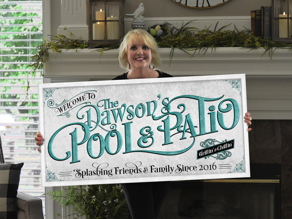 Personalized Pool & Patio on Metal or Canvas! | Custom Family Name Sign | Modern Farmhouse Sign | Teal Blue Patio Decor | Custom Pool Sign