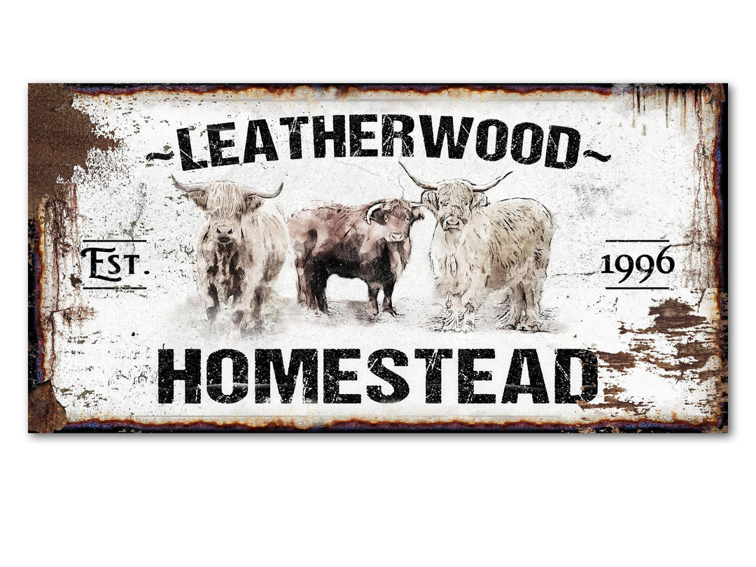 Primitive Highland Cattle Ranch Sign | Last Name Homestead Sign | Farmhouse Sign | Cattle Farm Sign | Cattle Ranch Sign | Distressed Sign
