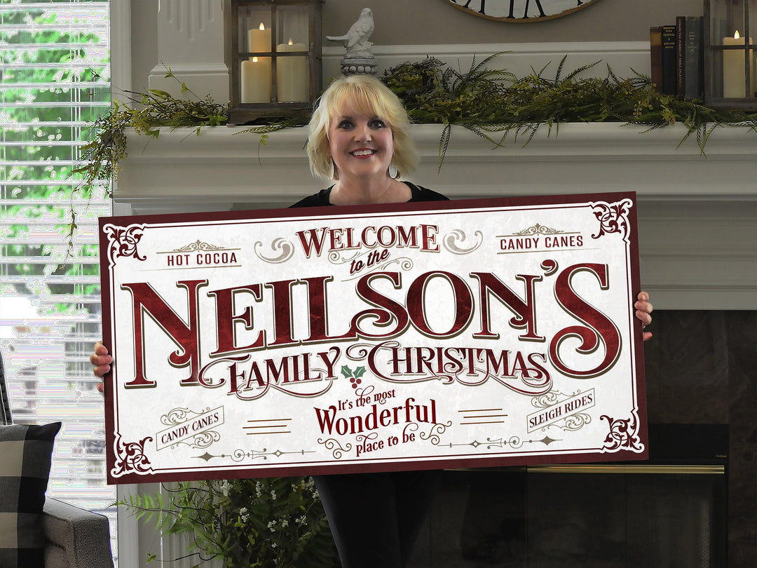 Personalized Family Christmas Sign | Most Wonderful Place to be | Vintage Family Christmas Sign | Large Christmas Canvas | Large Metal Sign