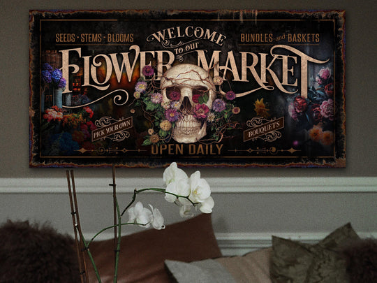 Sugar Skull Flower Market Sign | Sugar Skull Decor | Skull Decor | Spring Flower Decor | Spring Wall Decor | Rustic Spring Decor