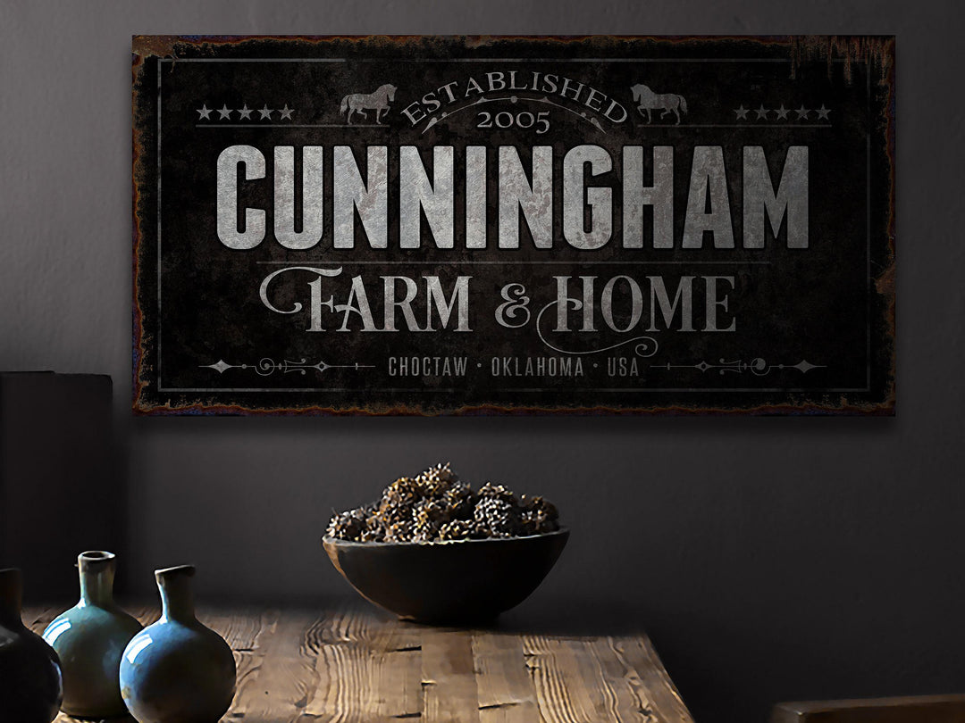 Horse Ranch Sign | Last Name Farmhouse Dark Sign | Dark Farmhouse Sign | Ranch House Plans | Farm Wall Decor | Distressed Sign