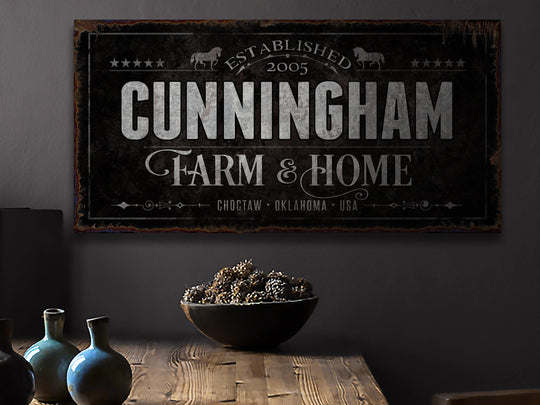 Horse Ranch Sign | Last Name Farmhouse Dark Sign | Dark Farmhouse Sign | Ranch House Plans | Farm Wall Decor | Distressed Sign