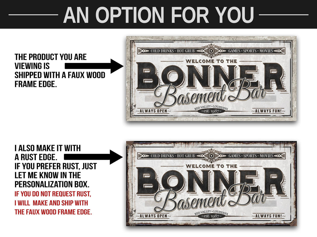 Personalized Basement Bar Sign - Metal or Canvas | Custom Basement Bar Sign | Personalized Family Basement Sign | Large Metal Wall Art