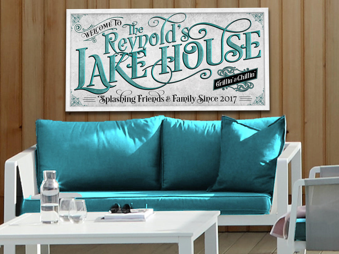 Personalized Lake House on Metal or Canvas! | Custom Family Name Sign | Teal Blue Lake House | Summer Lake House Decor | Custom Lake Sign