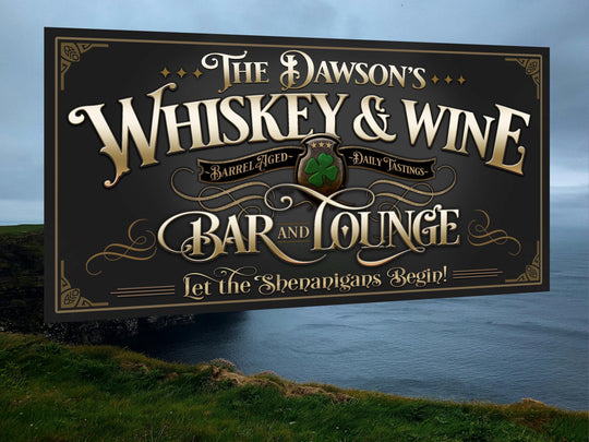 Personalized St. Patricks Day Whiskey and Wine Sign personalized for the family bar and lounge.