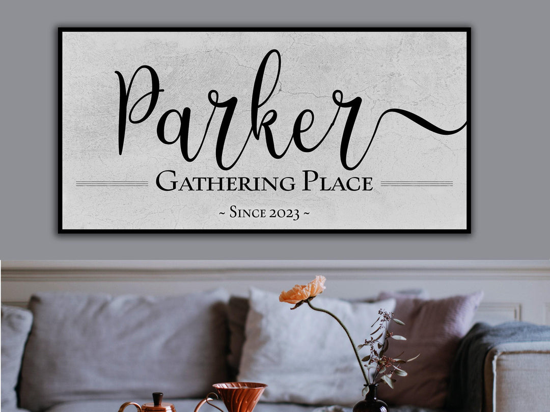 The Gathering Place Sign | Last Name Est Date | Modern Farmhouse Personalized Name Sign on Large Metal or Canvas | Vintage Home Wall Decor