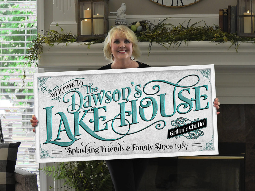 Personalized Lake House on Metal or Canvas! | Custom Family Name Sign | Teal Blue Lake House | Summer Lake House Decor | Custom Lake Sign